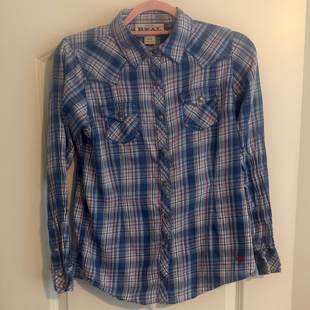 Ariat Blue and White Plaid Button Down Shirt